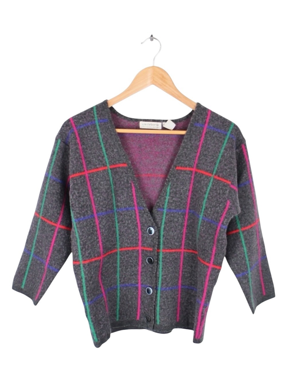 Vintage Liz Claiborne Wool Cashmere Cardigan 80s 90s Plaid Grid Sweater Medium
